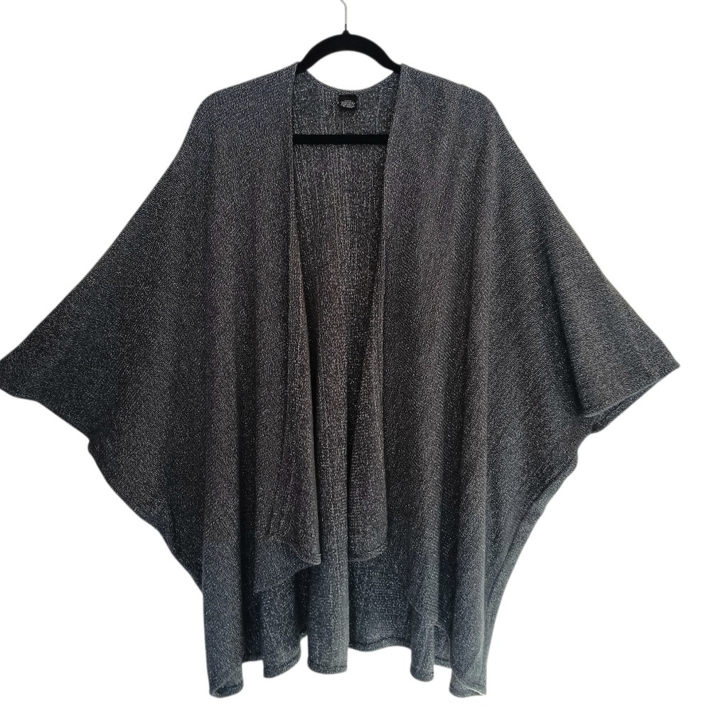 Shimmer Open Front Poncho OSFM Charcoal Grey Metallic Sparkle Knit Draped